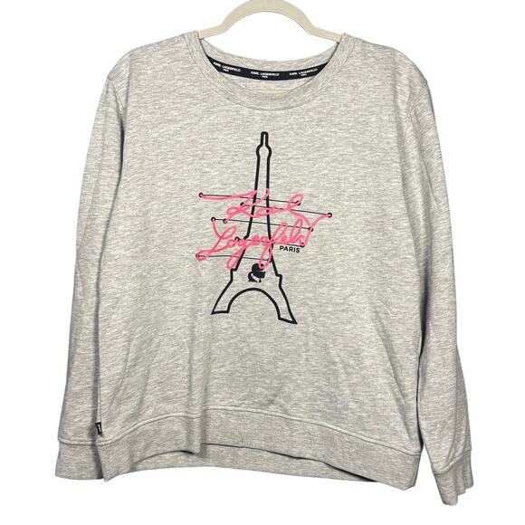 Karl Lagerfeld Sweatshirt Women Medium Gray Neon Signature Eiffel Tower Pullover - Picture 2 of 13